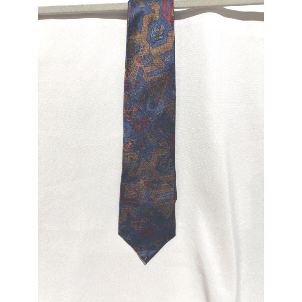 Oscar De La Renta Abstract Vintage Silk‎ Tie Blue Gold Red Aztec Indian Tribal